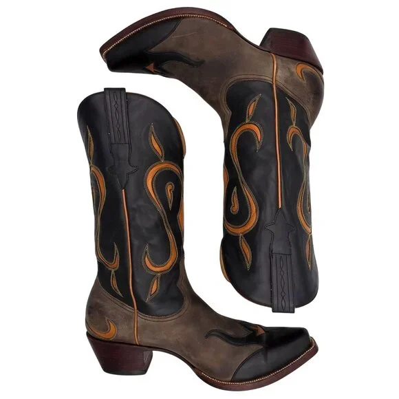 Heritage Boots Taupe Gray Orange Suede Leather Cowboy Western Boots Mens 10 CBC - Picture 12 of 16